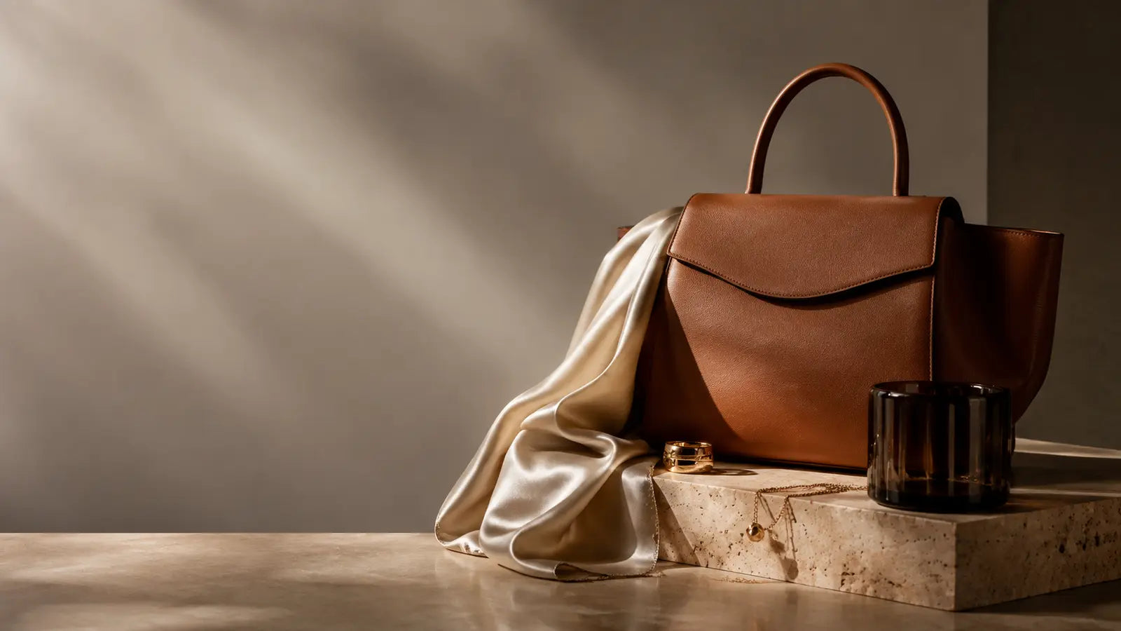 Borsa in pelle color cognac con seta avorio e dettagli dorati