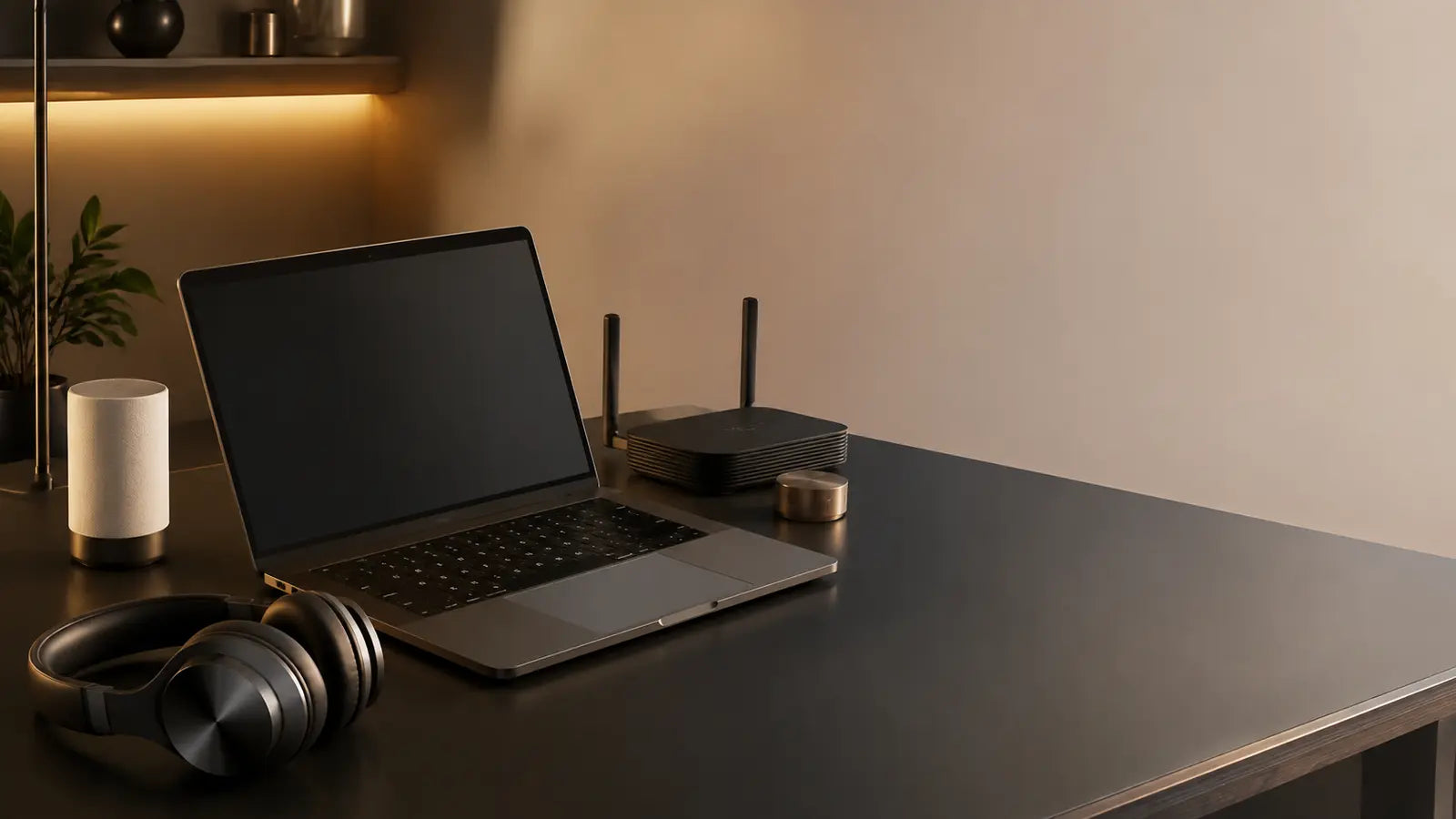 Postazione tecnologica elegante con laptop, router e cuffie senza marchi